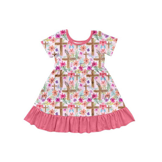Easter cross floral print baby girls short sleeve dress preorder