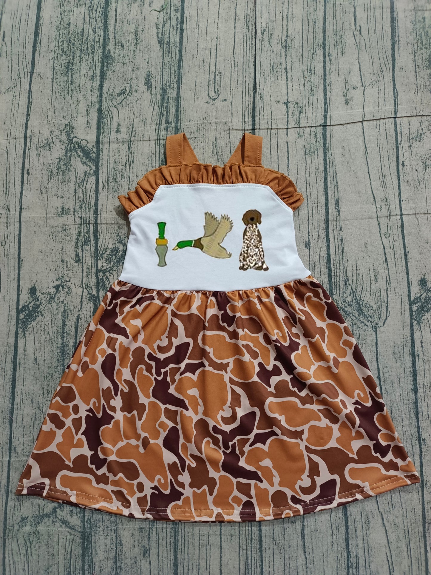 Embroidery Duck call dog gone hunting baby girl camo dress preorder