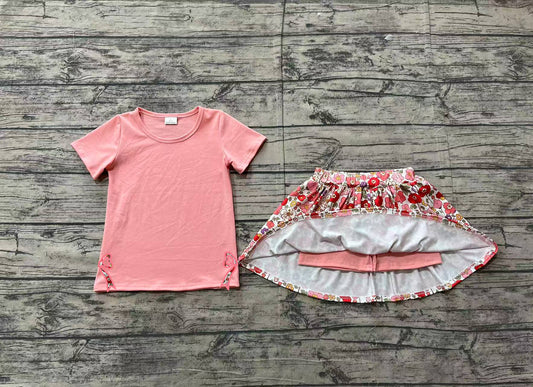 Baby girls dark pink top red floral skirt shorts summer shorts outfit preorder