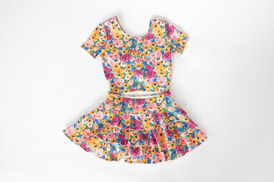 Baby girls hot pink yellow flowers top matching skirt dress preorder