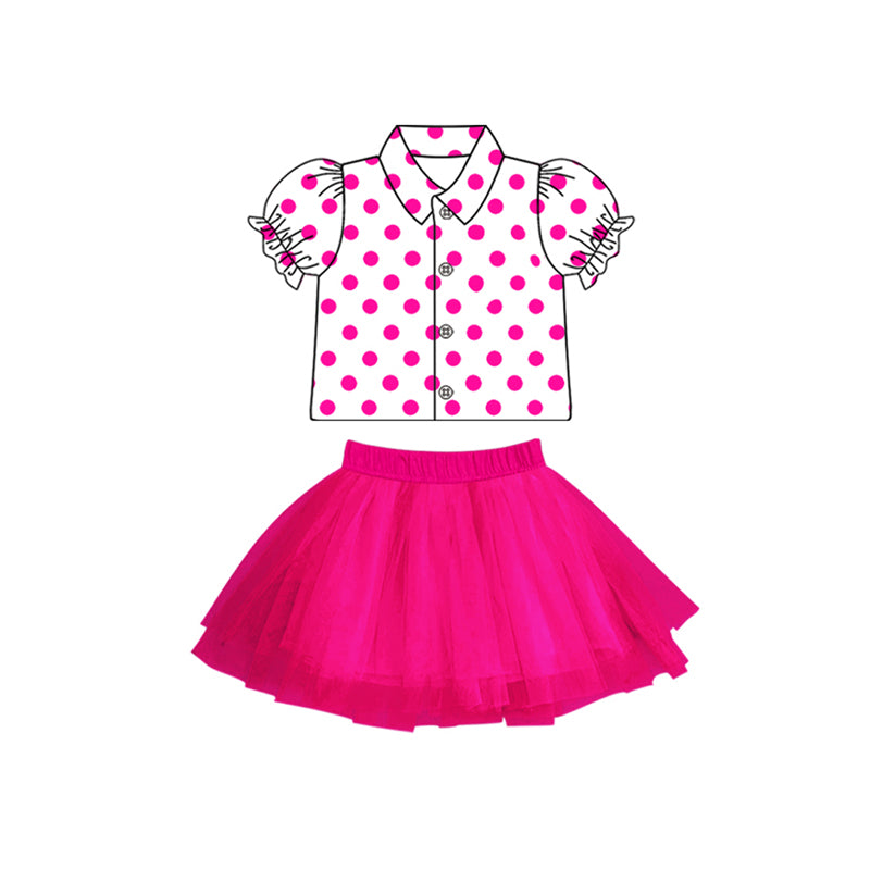 Baby girl hot pink dots shirt tulle skirt summer outfit preorder