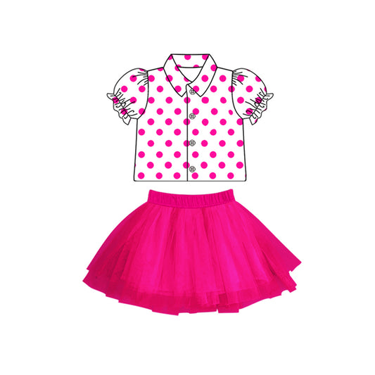 Baby girl hot pink dots shirt tulle skirt summer outfit preorder