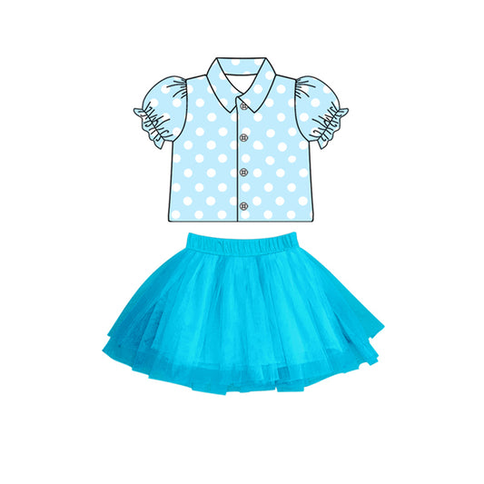 Baby girl blue dots shirt tulle skirt summer outfit preorder