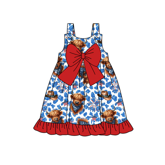 Baby girl highland cow blue cheetah july 4th dress preorder