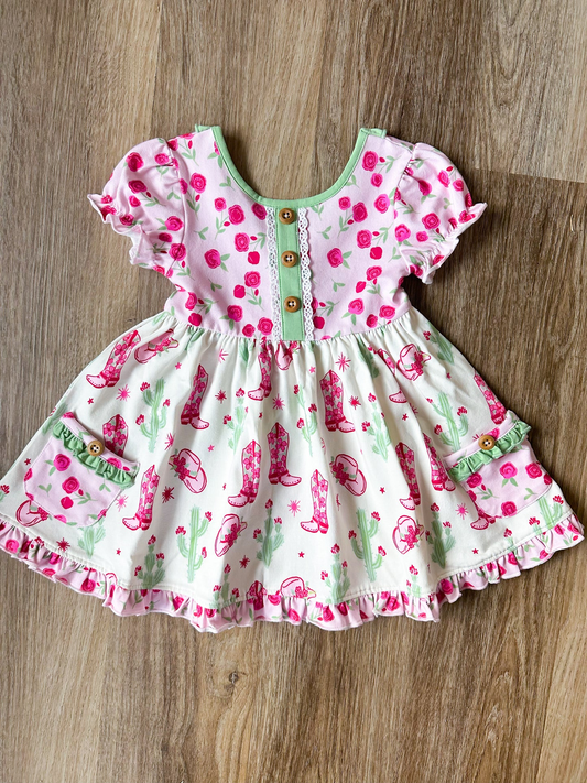 Baby girls hot pink flower western boots  dress preorder