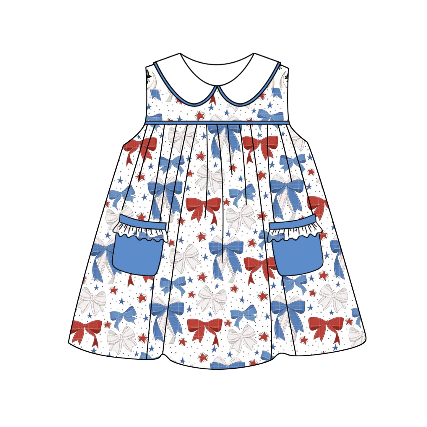 Baby girl red blue bow star design July 4th dress preorder