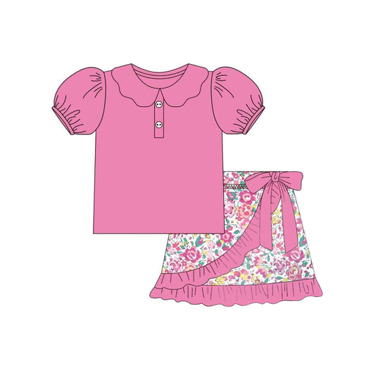 Baby girl pink polo shirt floral skirt summer outfit preorder