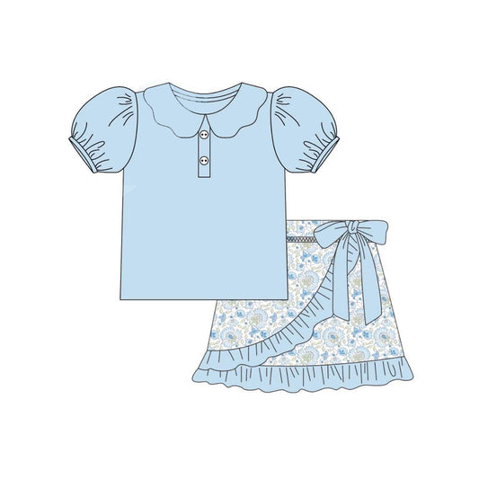 Baby girl blue polo shirt floral skirt summer outfit preorder