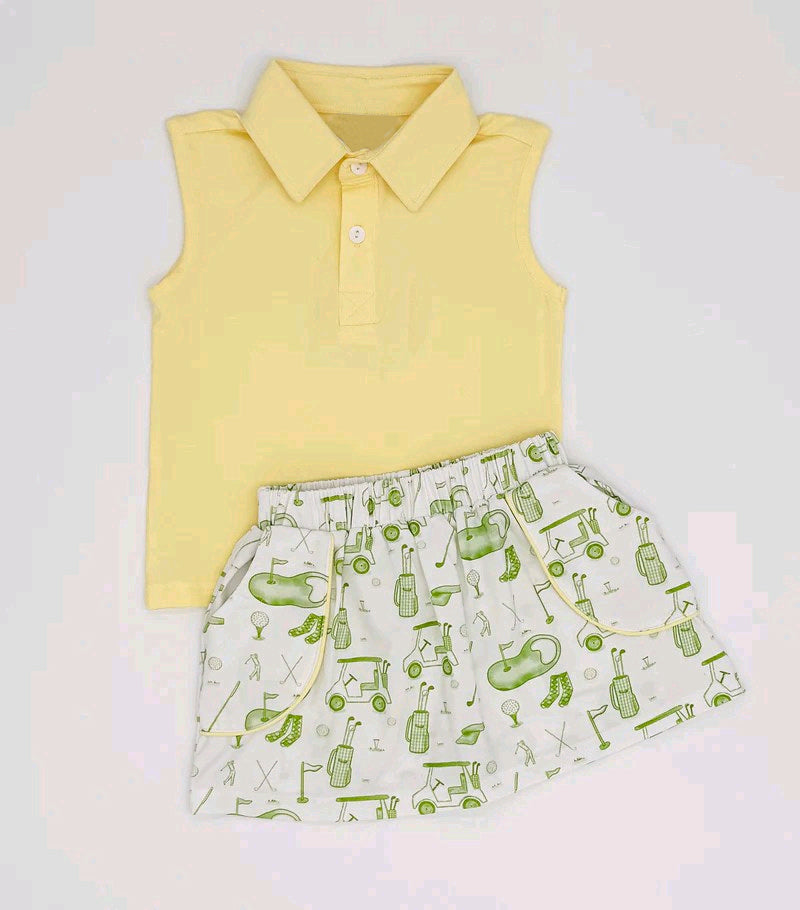 Yellow polo shirt gold shorts kids girls summer outfit preorder