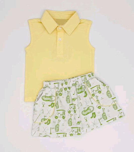 Yellow polo shirt gold shorts kids girls summer outfit preorder