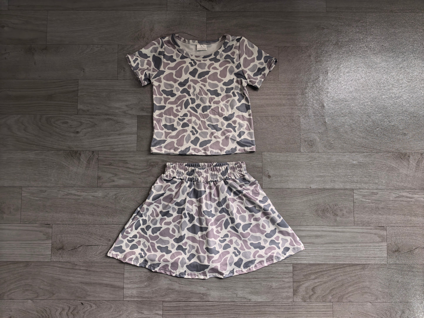 Baby girls grey camo crop top matching skirt design summer outfit preorder