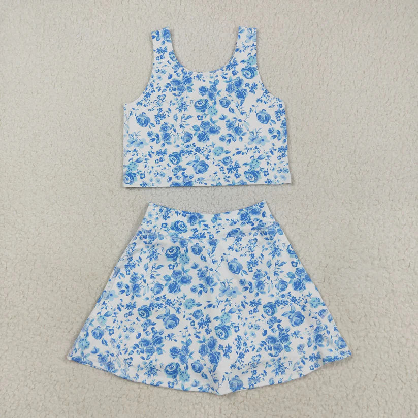 Toddle baby girls pink blue floral active wear athletic summer yoga skort set