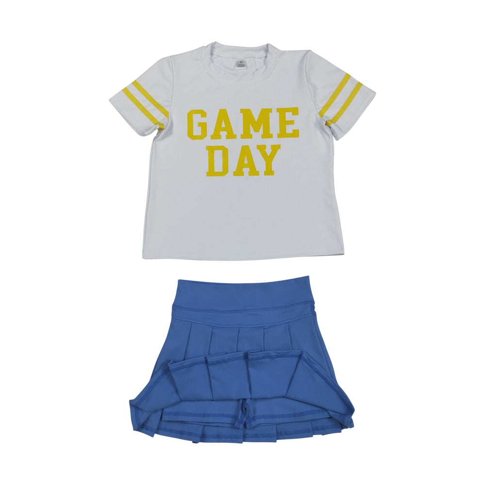 Bright Yellow Game day shirt blue skirt summer yoga outfit