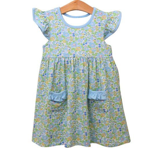 Girls blue yellow floral short sleeve dress preorder