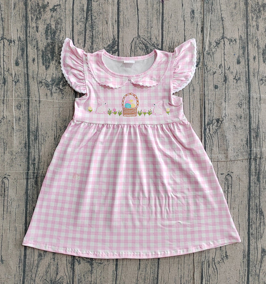 Girls embroidery easter bunny short sleeve pink plaid dress preorder