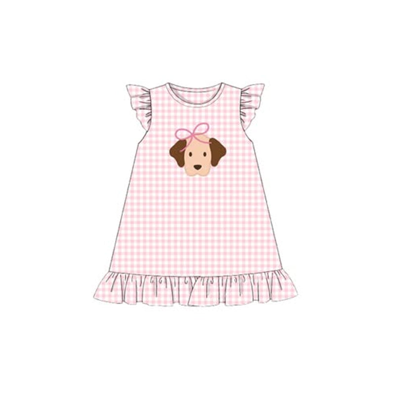 Girls cute dog short sleeve pink plaid dress preorder