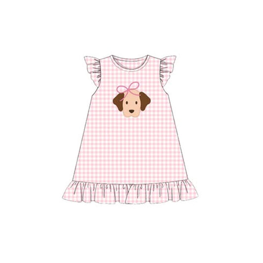 Girls cute dog short sleeve pink plaid dress preorder