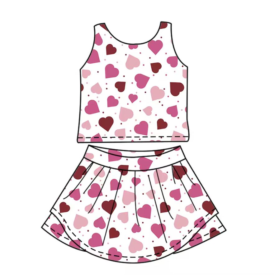 Valentine heart yoga top matching skirts girls outfit preorder