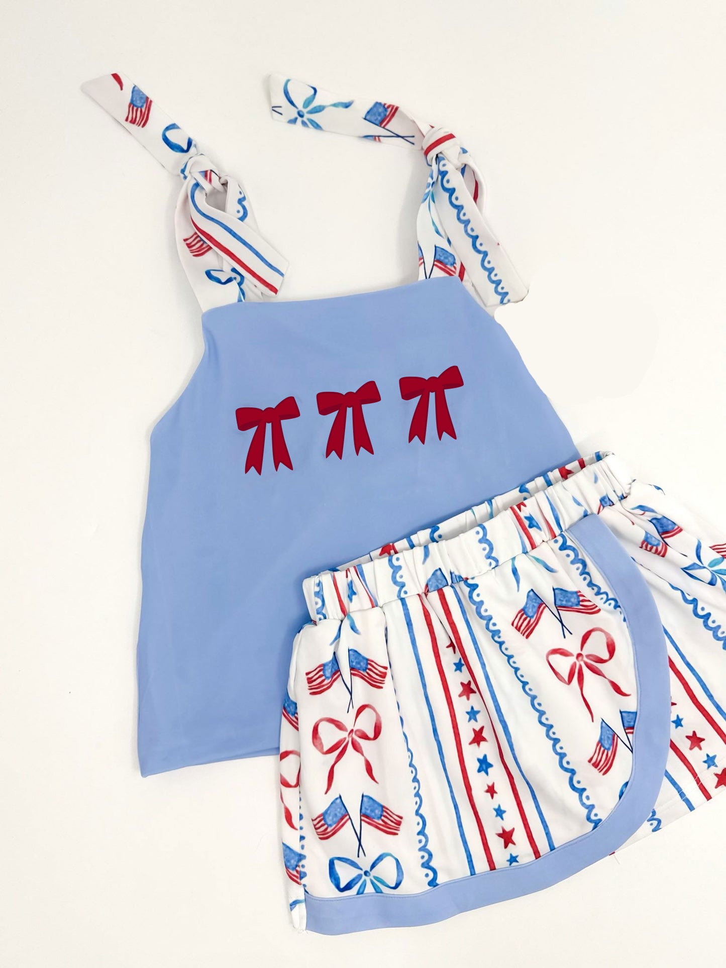 Red bow shirt july 4th skirt girls summer clothes preorder