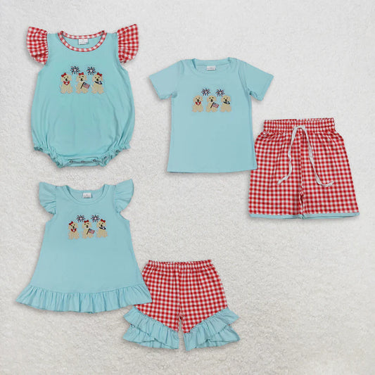 Embroidery America flag dog top matching shorts boy summer outfit