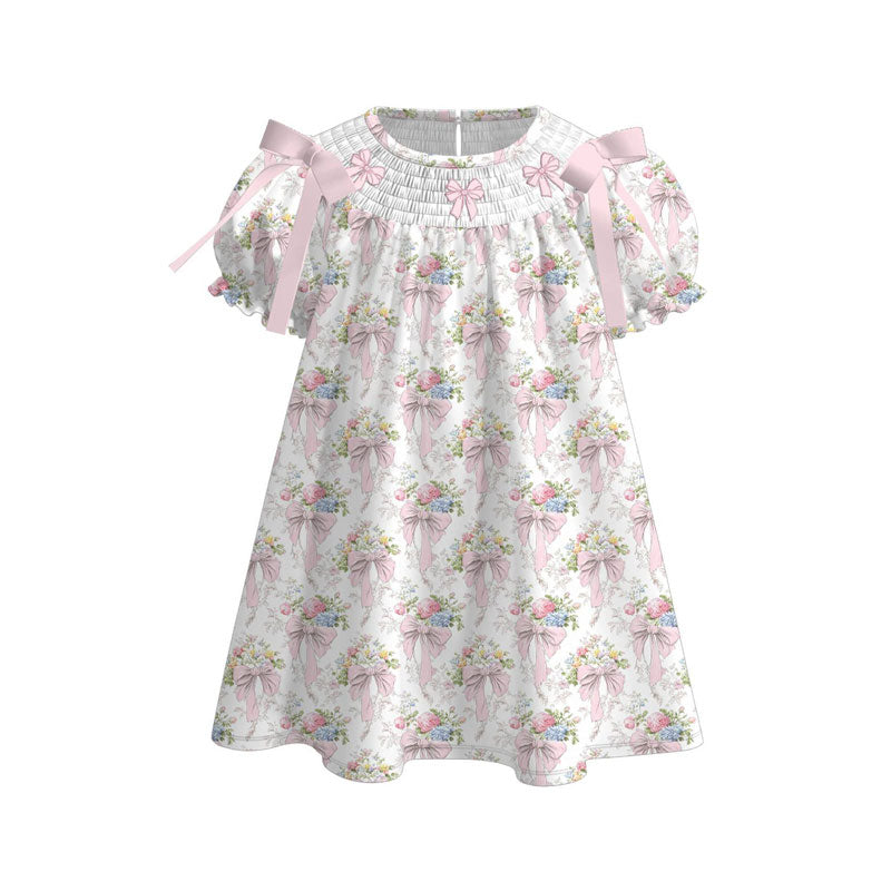 Pink bow floral design baby girls short sleeve dress preorder