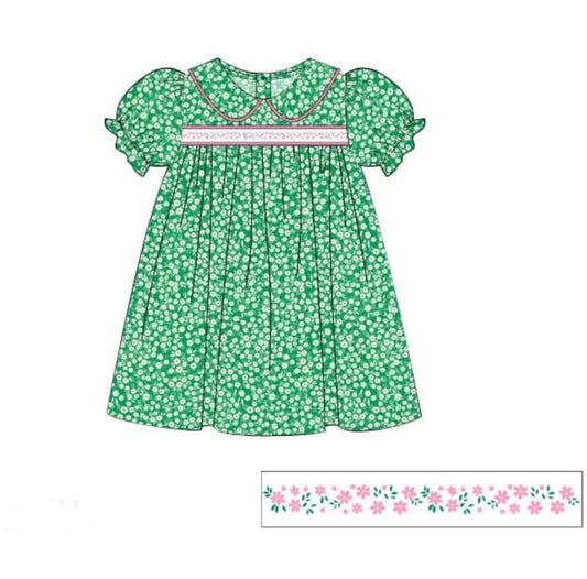 Green floral print baby girls summer dress preorder
