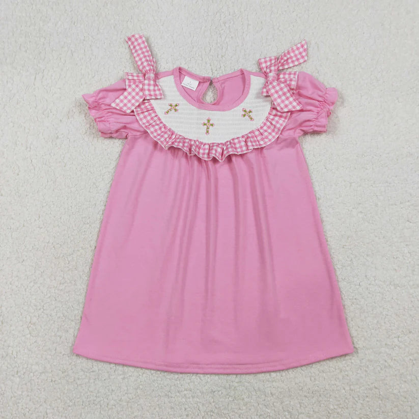 Easter cross girls short sleeve floral smocked dress