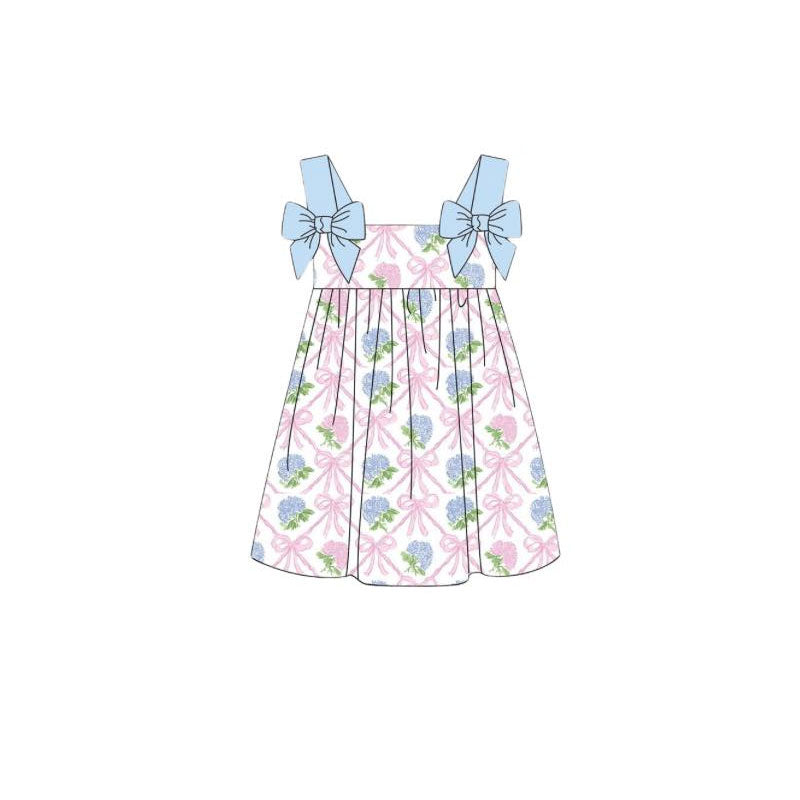 Blue flowers pink bow print girls holiday dress preorder