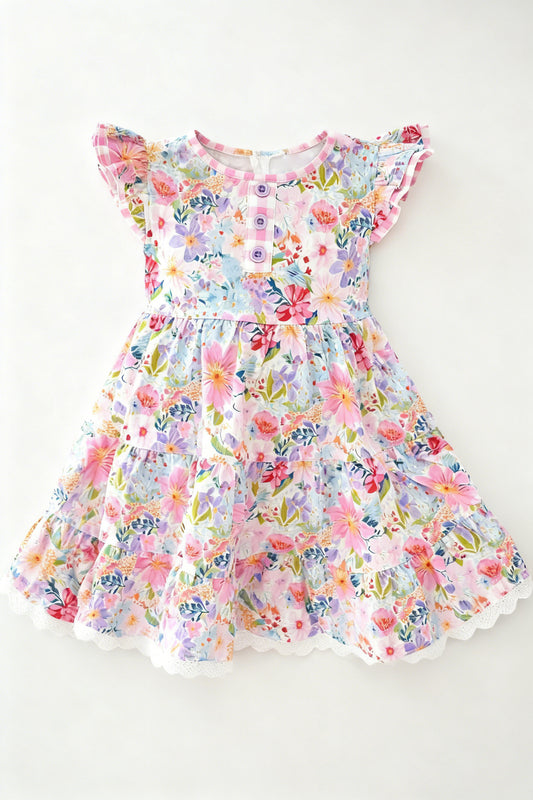 Flowers print girls short sleeve boutique dress preorder