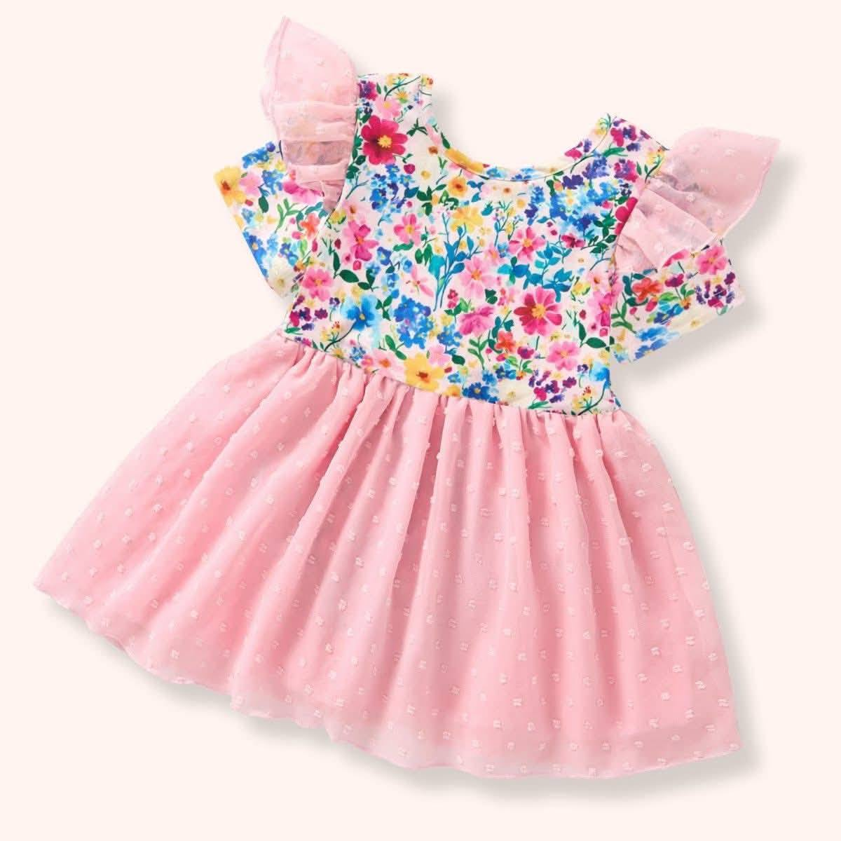 Blue pink floral design girls summer tulle dress preorder