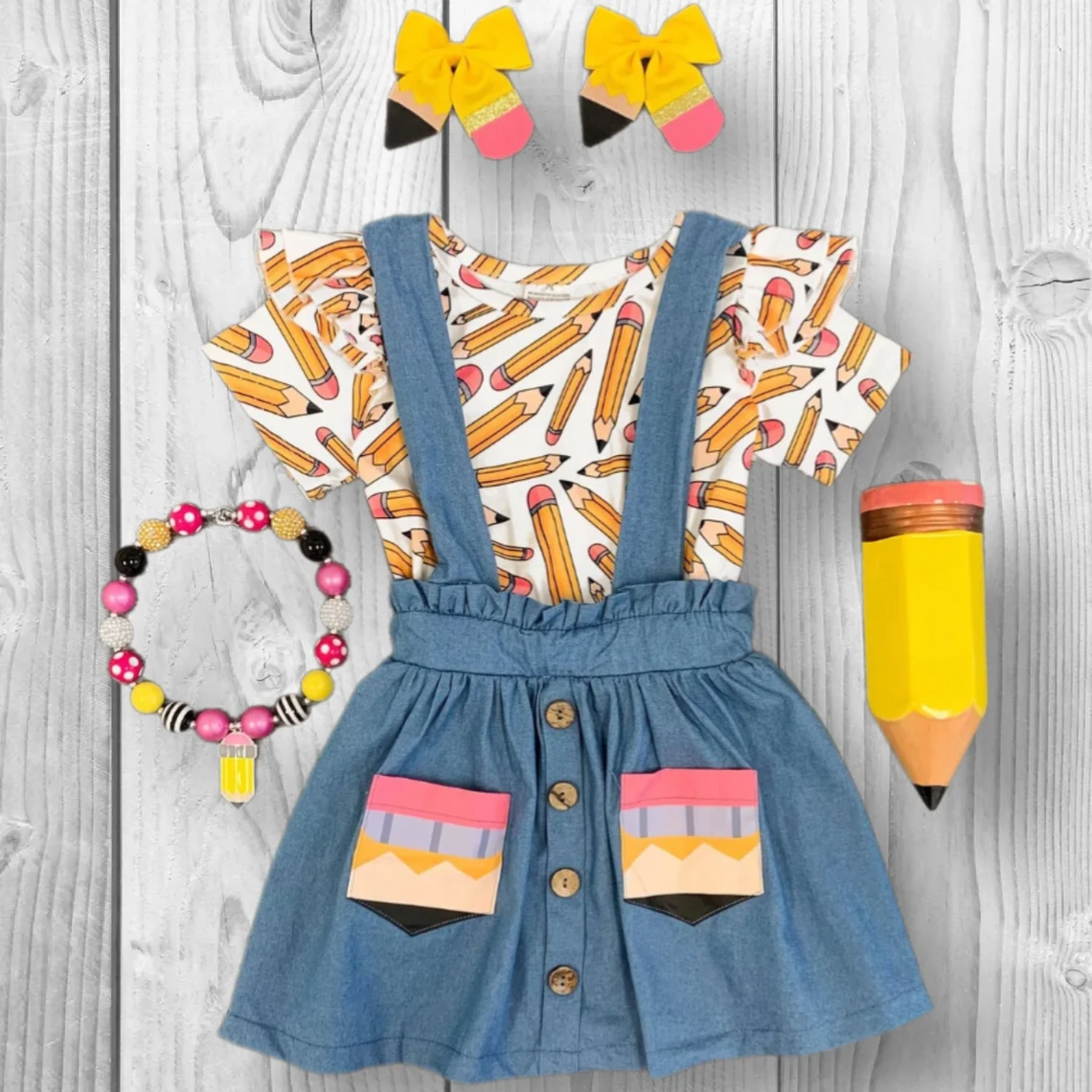Back to school pencil design girls dress preorder