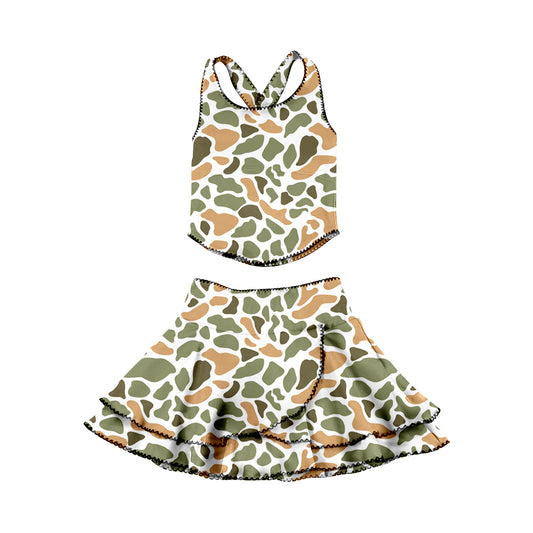 Green orange camo halter top matching skirt girls summer active wear yoga outfit preorder