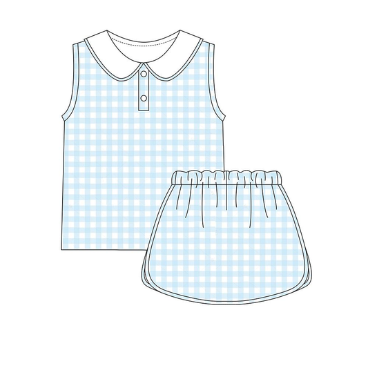 Blue plaid tank top matching skirt girls active wear yoga outfit preorder
