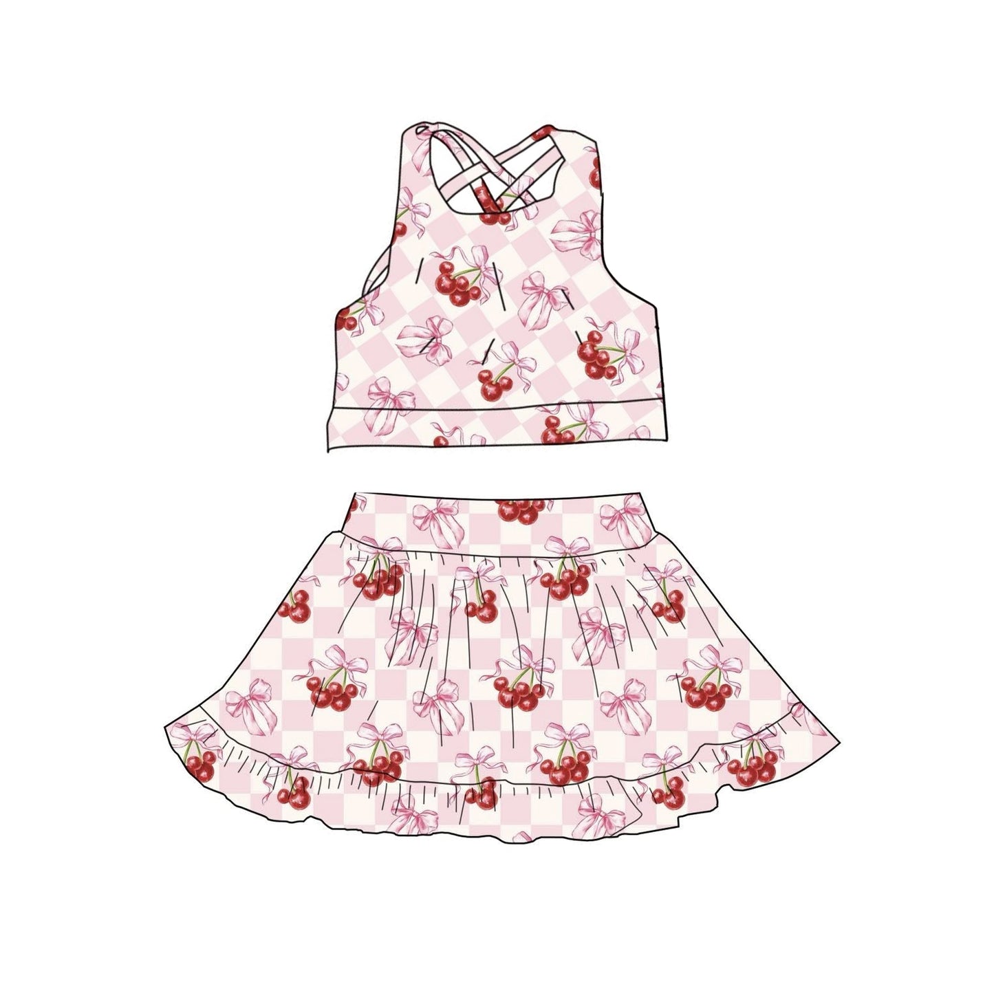 Pink bow cherry tank top matching skirt girls active wear yoga outfit preorder