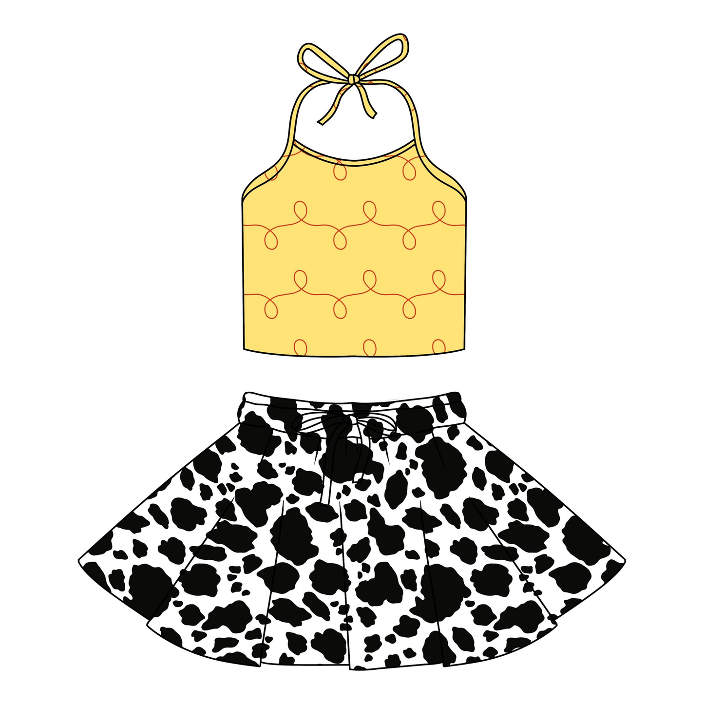 Yellow top matching cow skirt girls summer outfit preorder