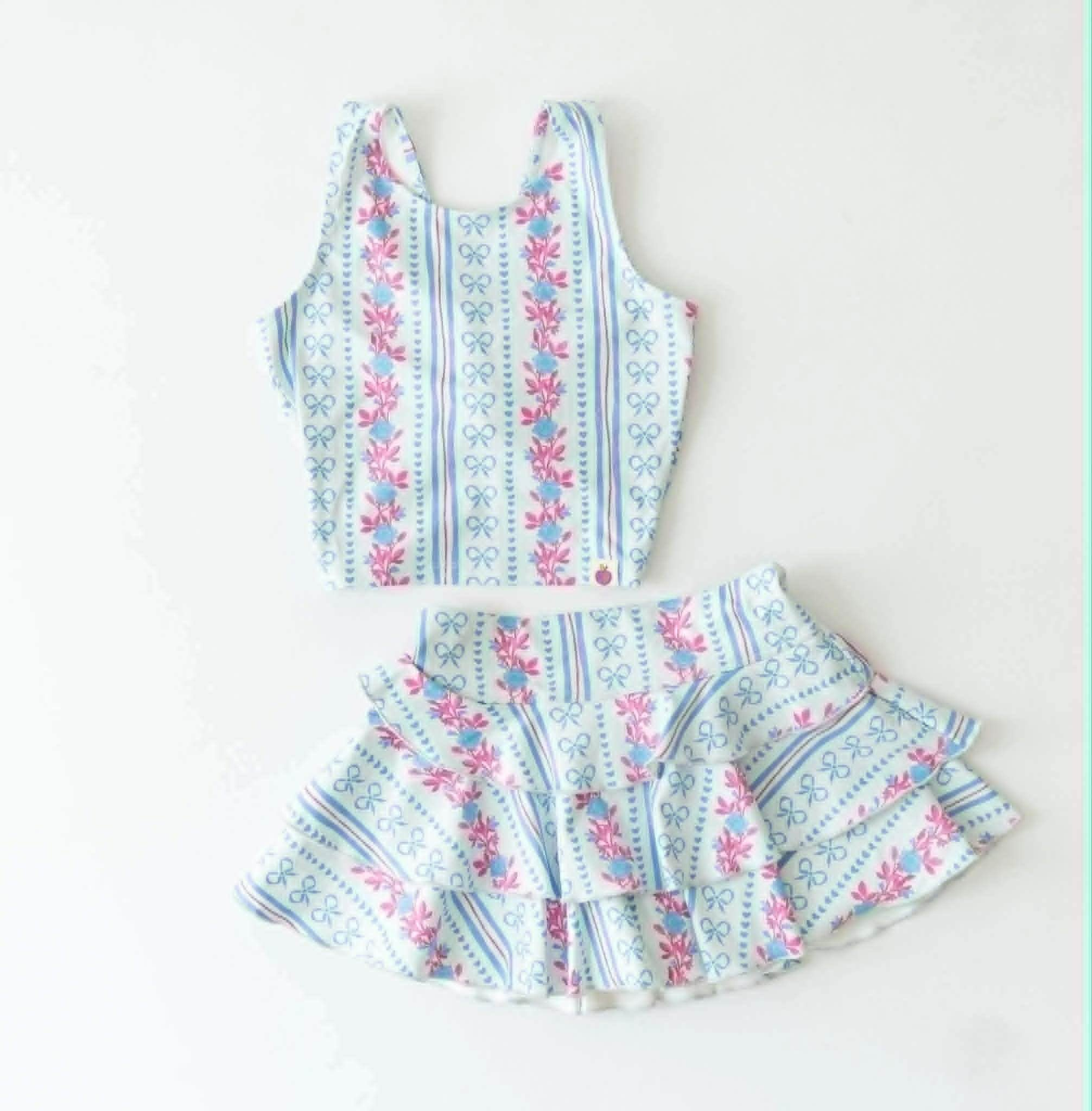 Blue bow flowers tank top matching skirt girls summer active yoga outfit preorder