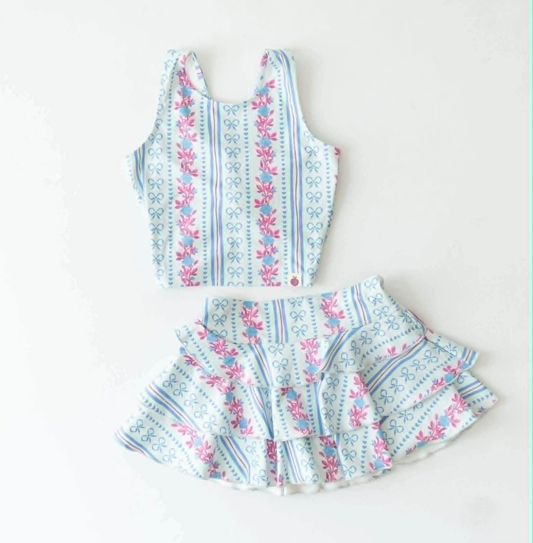 Blue bow flowers tank top matching skirt girls summer active yoga outfit preorder