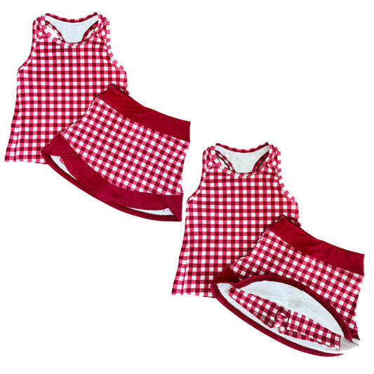 Red plaid top matching skirt toddle baby girls yoga outfit preorder