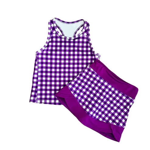 Purple plaid top matching skirt toddle baby girls yoga outfit preorder