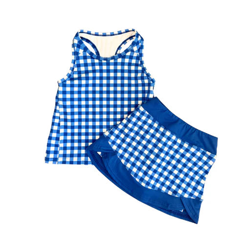 Blue plaid top matching skirt toddle baby girls yoga outfit preorder