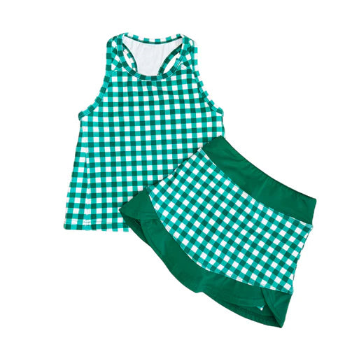 Green plaid top matching skirt toddle baby girls yoga outfit preorder