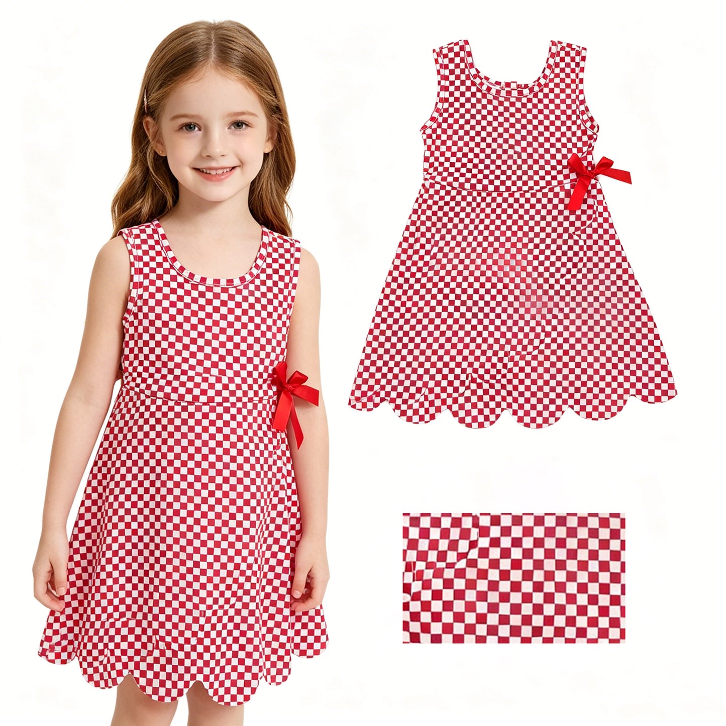 Red plaid design girls summer active yoga dress