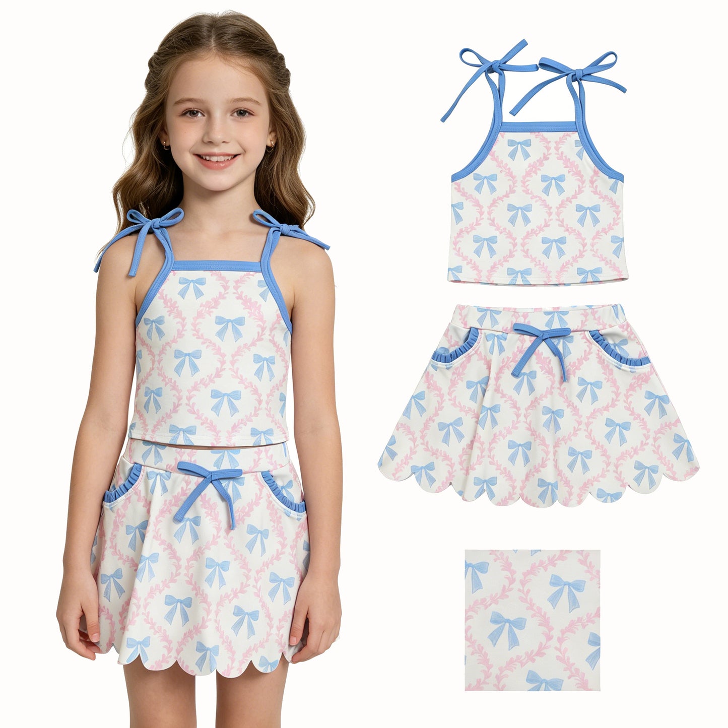 Blue bow tank top matching skirts girls yoga outfit