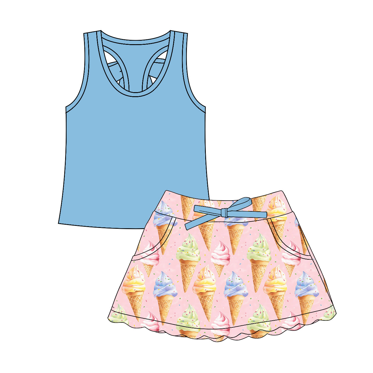 Blue tank top matching popsible skirt girls summer outfit preorder