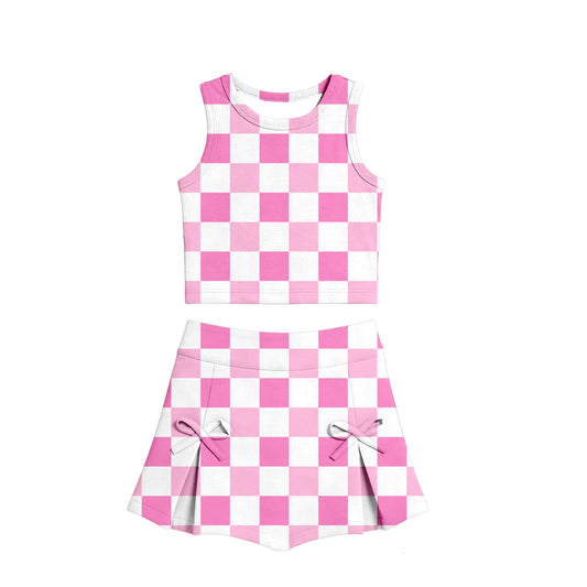 Pink checkered tank top matching shorts girls summer active yoga outfit preorder