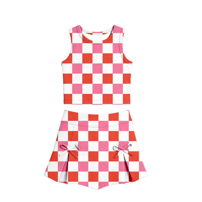 Red checkered tank top matching shorts girls summer active yoga outfit preorder