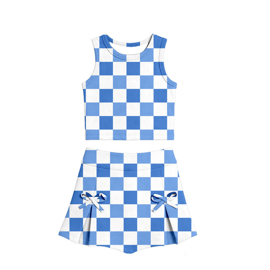 Blue checkered tank top matching shorts girls summer active yoga outfit preorder