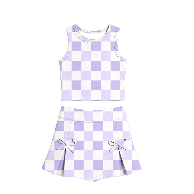 Lavender checkered tank top matching shorts girls summer active yoga outfit preorder