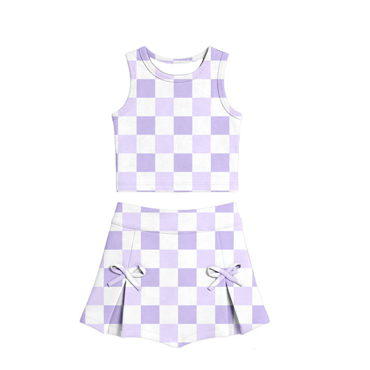 Lavender checkered tank top matching shorts girls summer active yoga outfit preorder