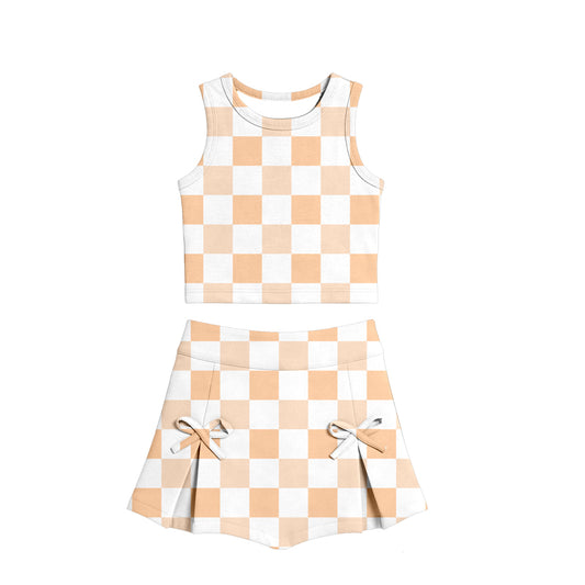 Orange checkered tank top matching shorts girls summer active yoga outfit preorder